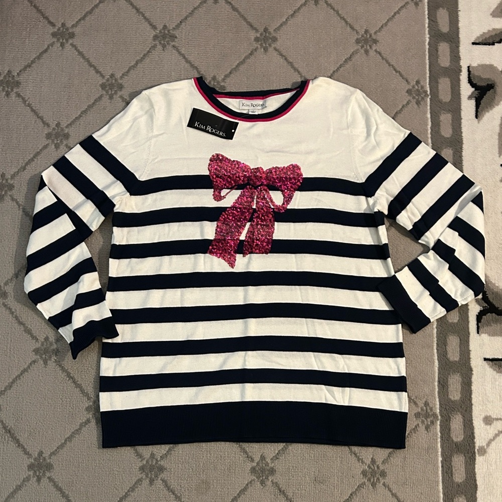 Kim Rogers Holiday Pink Bow Striped Sweater